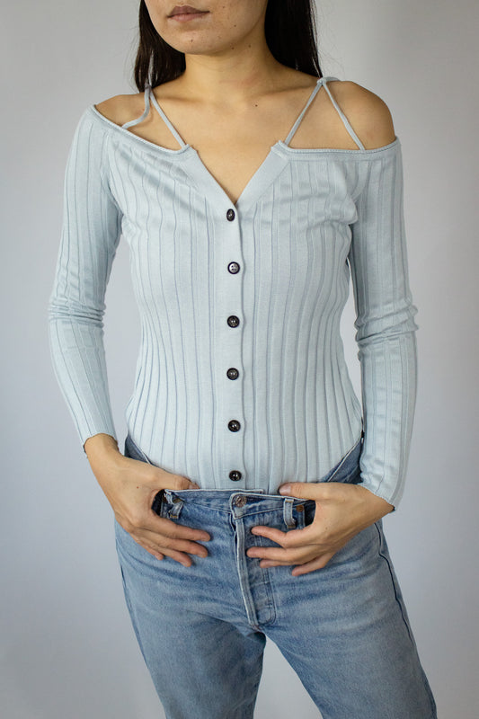 Open Shoulder Ribbed Top in Light Blue