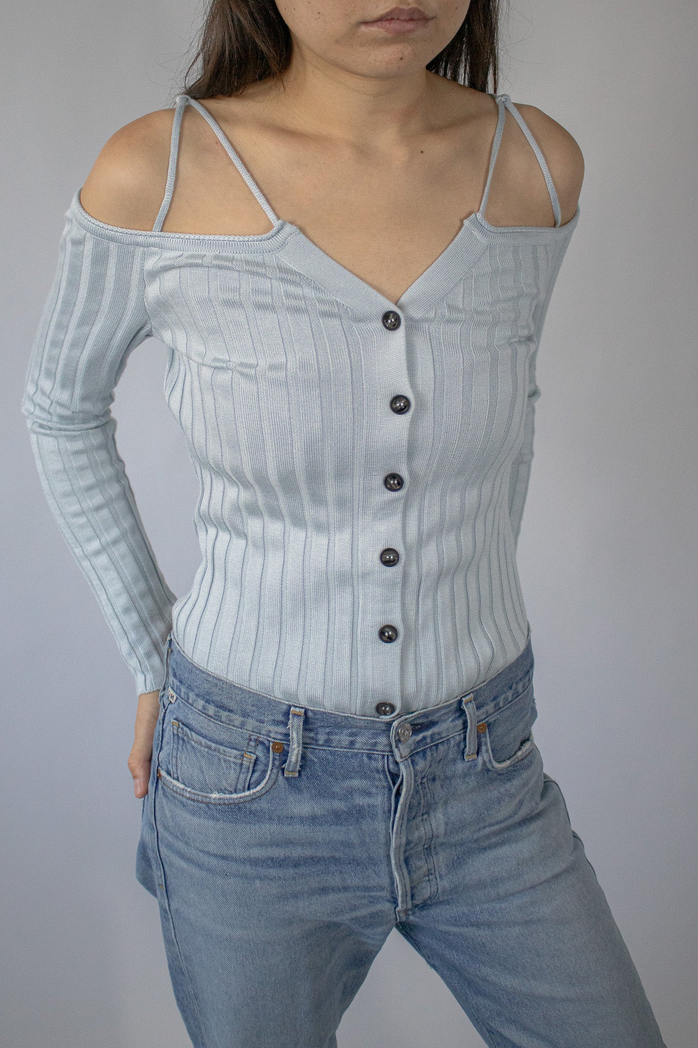 Open Shoulder Ribbed Top in Light Blue